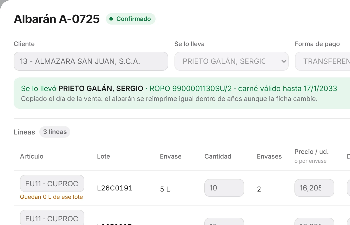 Un albarán de venta: «Se lo llevó… ROPO… carné válido hasta 17/1/2033»